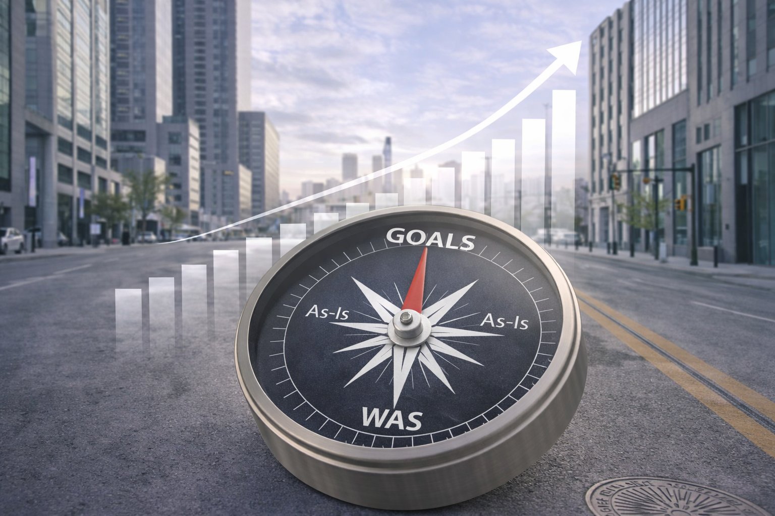 Compass pointing toward Goals on a city street — strategic direction for business growth